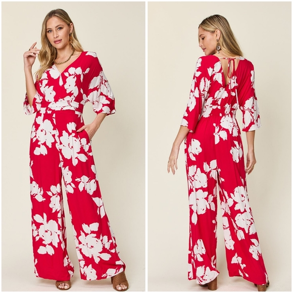 Mint and red floral sleeveless jumpsuit